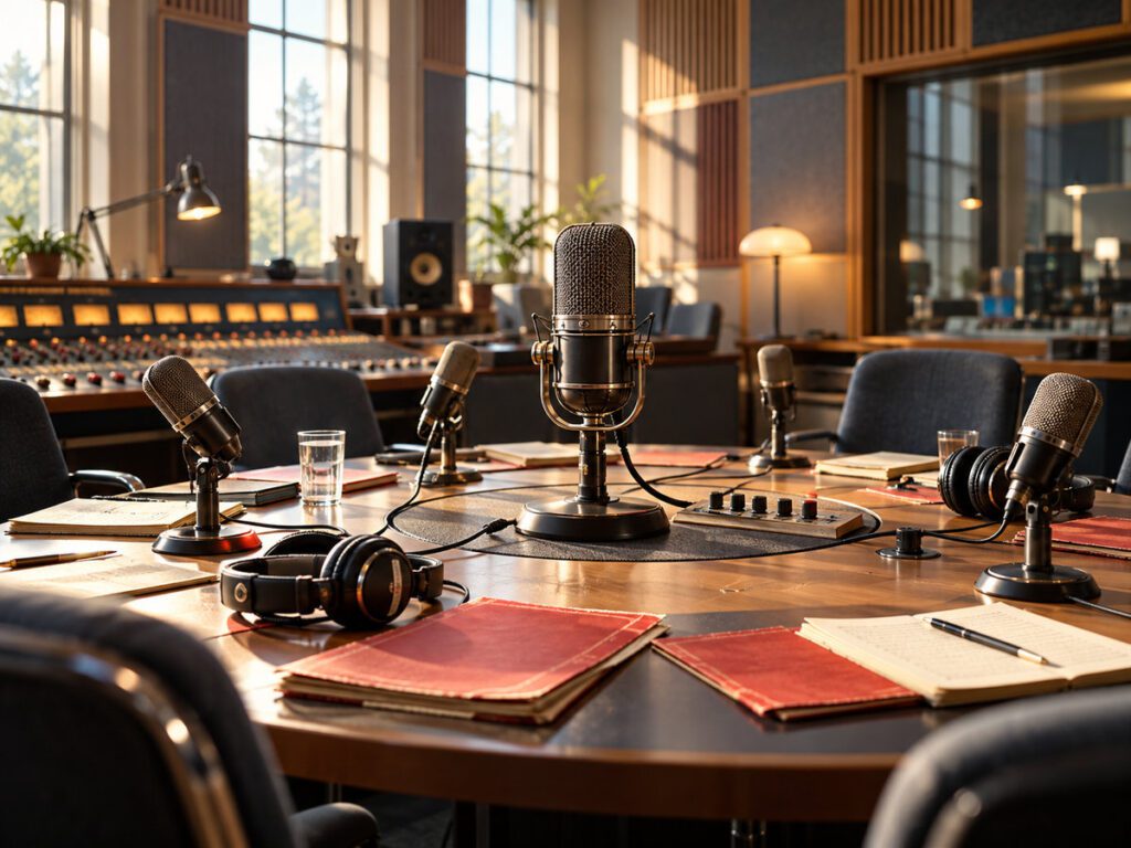Microphones and red pamphlets in a radio studio, illustrating Nick Cohen’s article on former hard-left activists becoming voices on Radio 4’s Moral Maze.