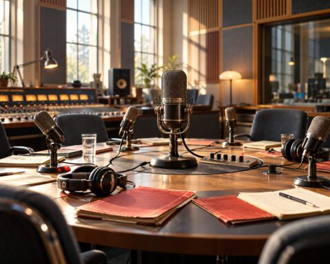 Microphones and red pamphlets in a radio studio, illustrating Nick Cohen’s article on former hard-left activists becoming voices on Radio 4’s Moral Maze.