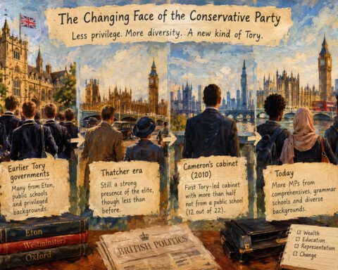 A changing class profile in British Conservative politics, examining public-school education, aristocratic privilege, wealth, and parliamentary representation