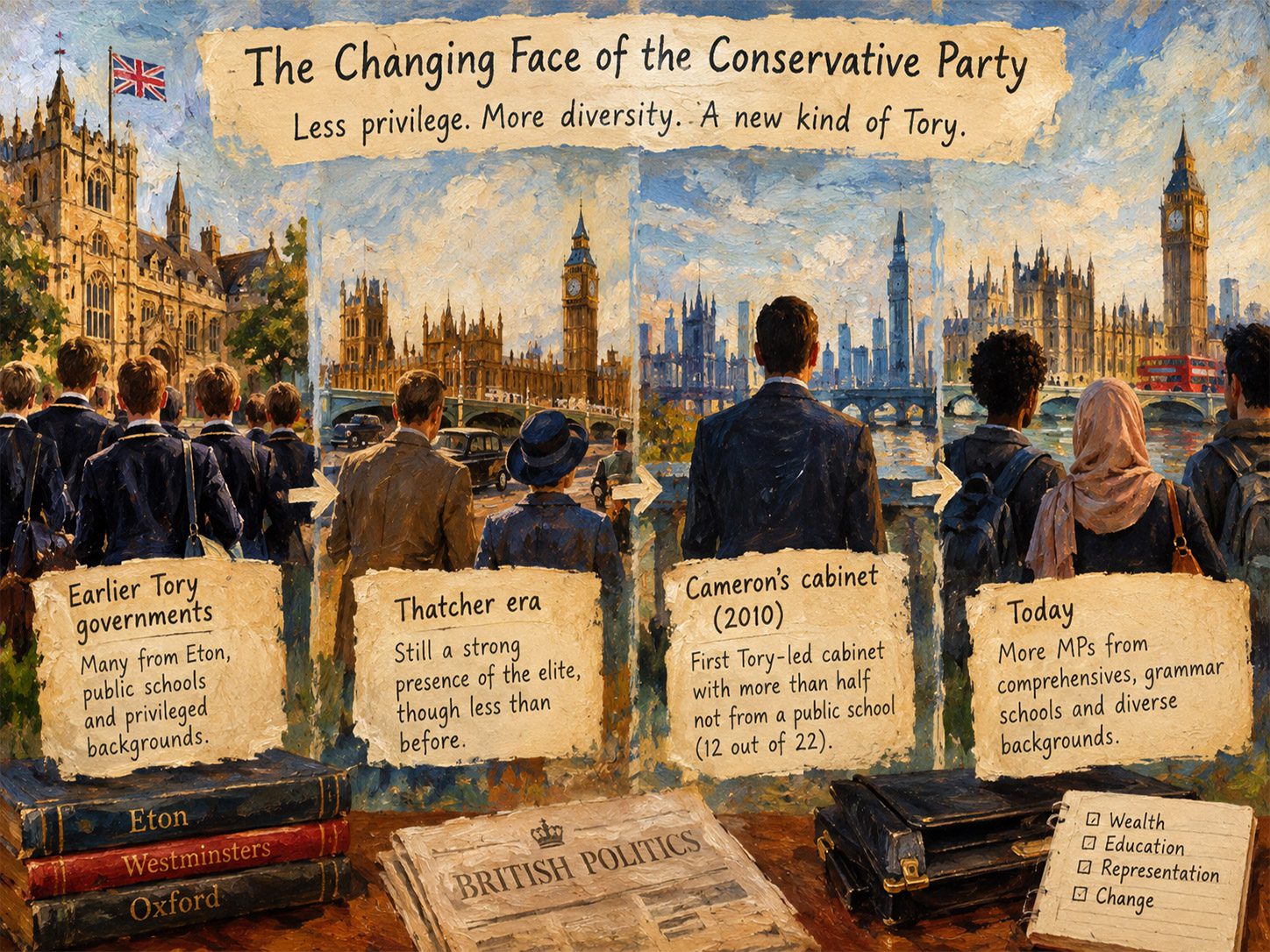A changing class profile in British Conservative politics, examining public-school education, aristocratic privilege, wealth, and parliamentary representation