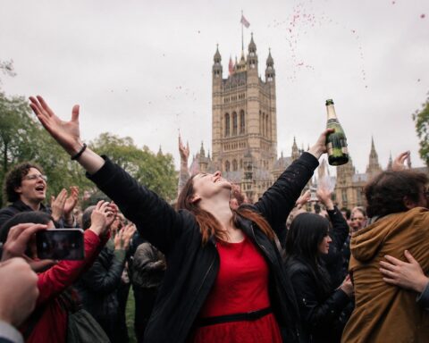 Red Flags Flying Over Parliament Square
