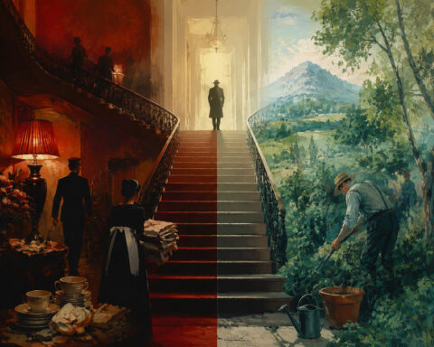 The faces above and below stairs