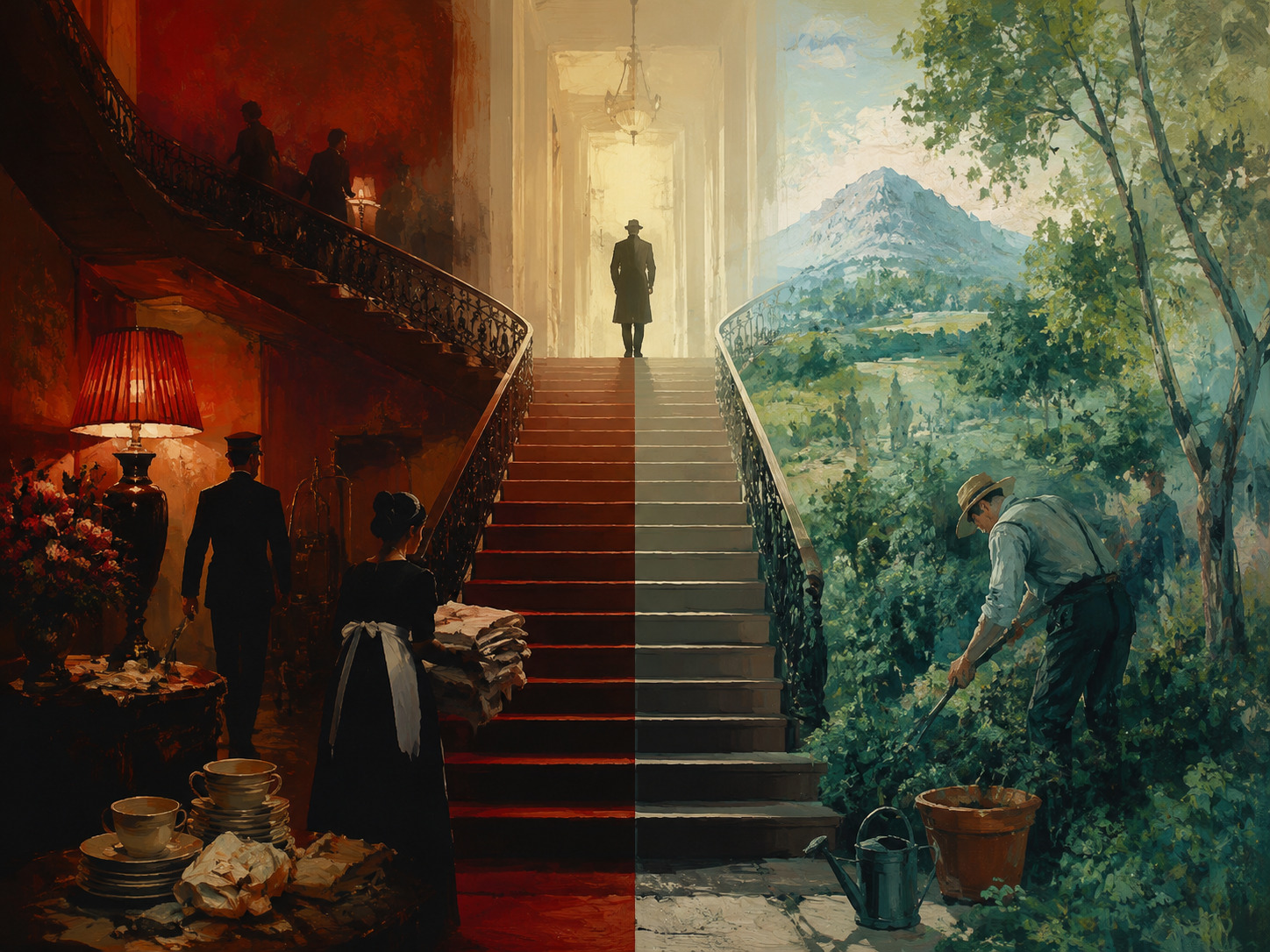 The faces above and below stairs