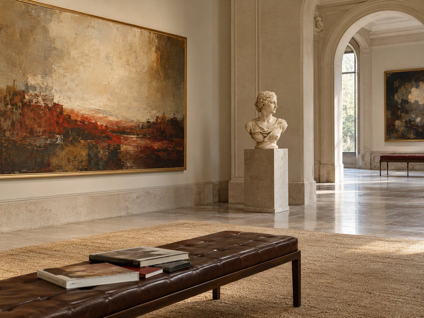 Paintings, a classical sculpture and art books in a gallery.