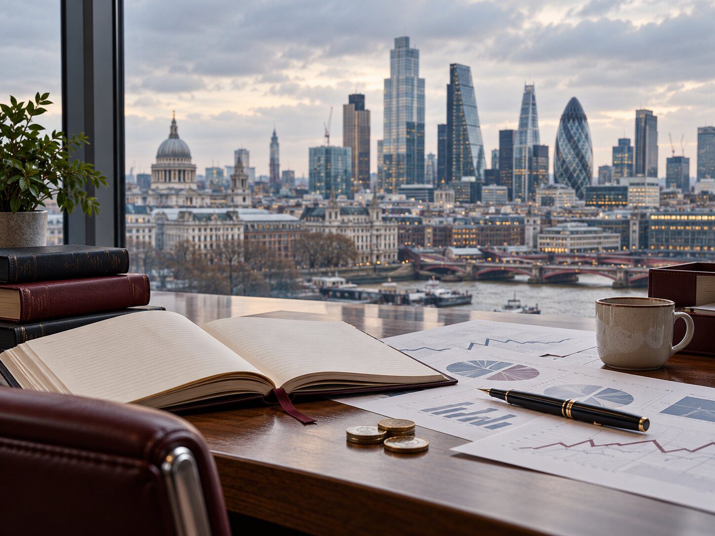 Ledger, financial charts and coins overlooking the City of London.
