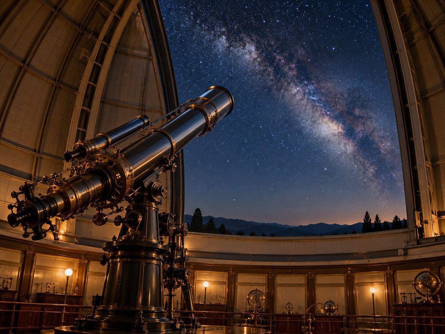 Telescope inside an observatory beneath the Milky Way.