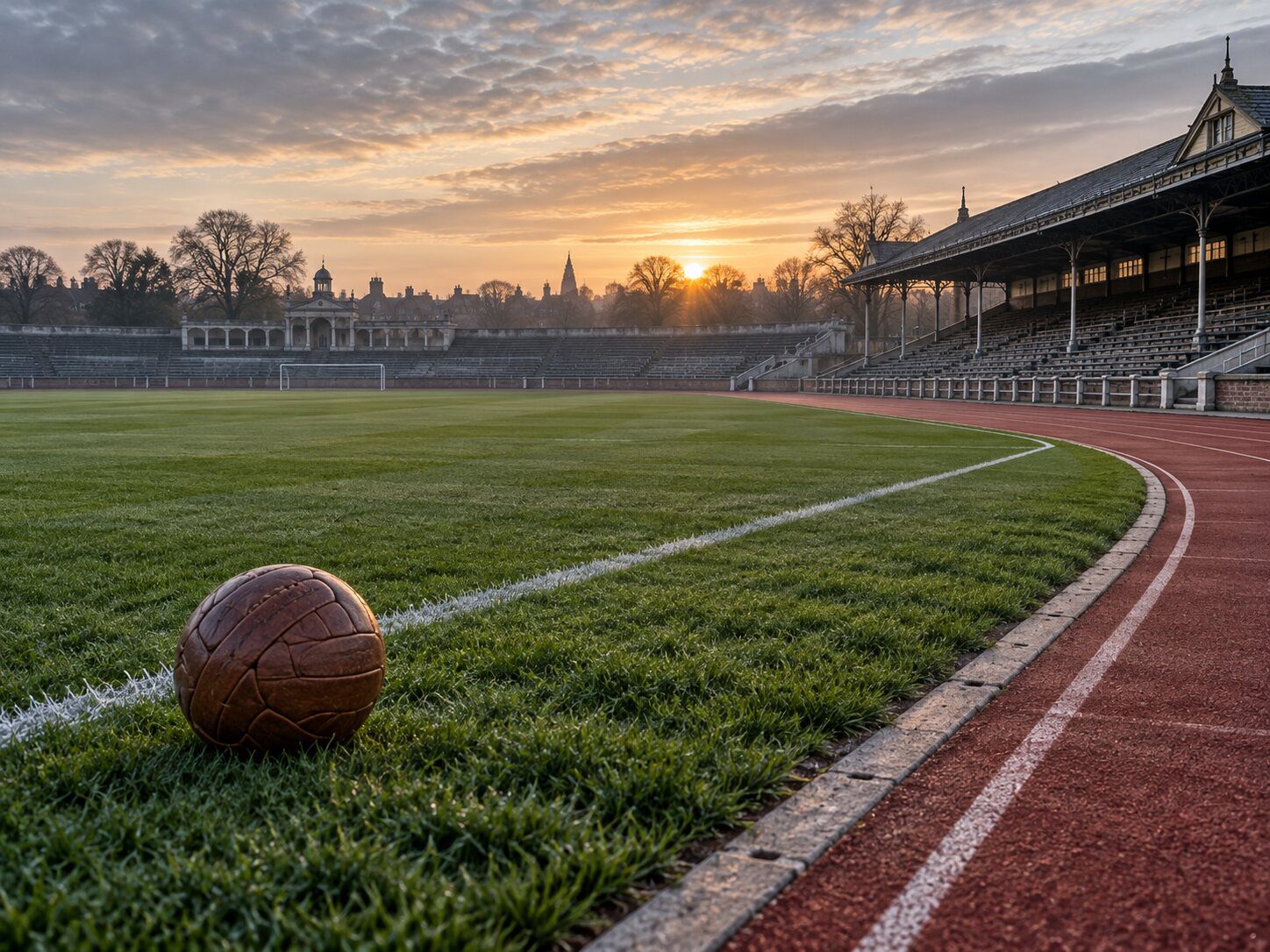 Traditional leather football on an empty sports ground beside a running track.